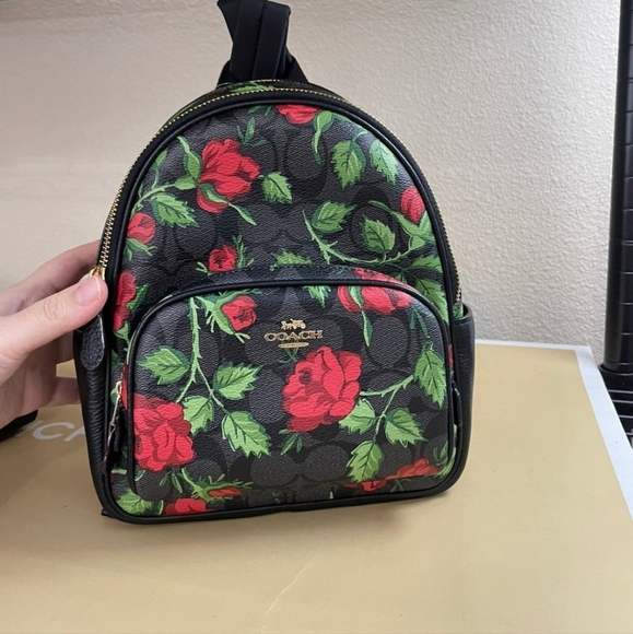 Coach Mini Court Backpac  In Signature Pebbled Leather With Fairytale Rose Print - Picture 2 of 8